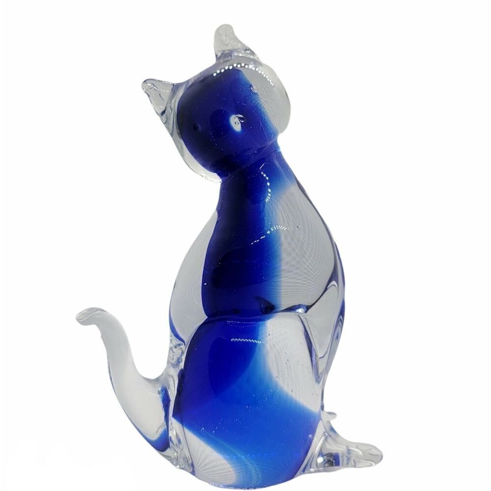 Vintage Art Glass Cat Figurine Paperweight‎ Cobalt Blue, 5.5" Tall